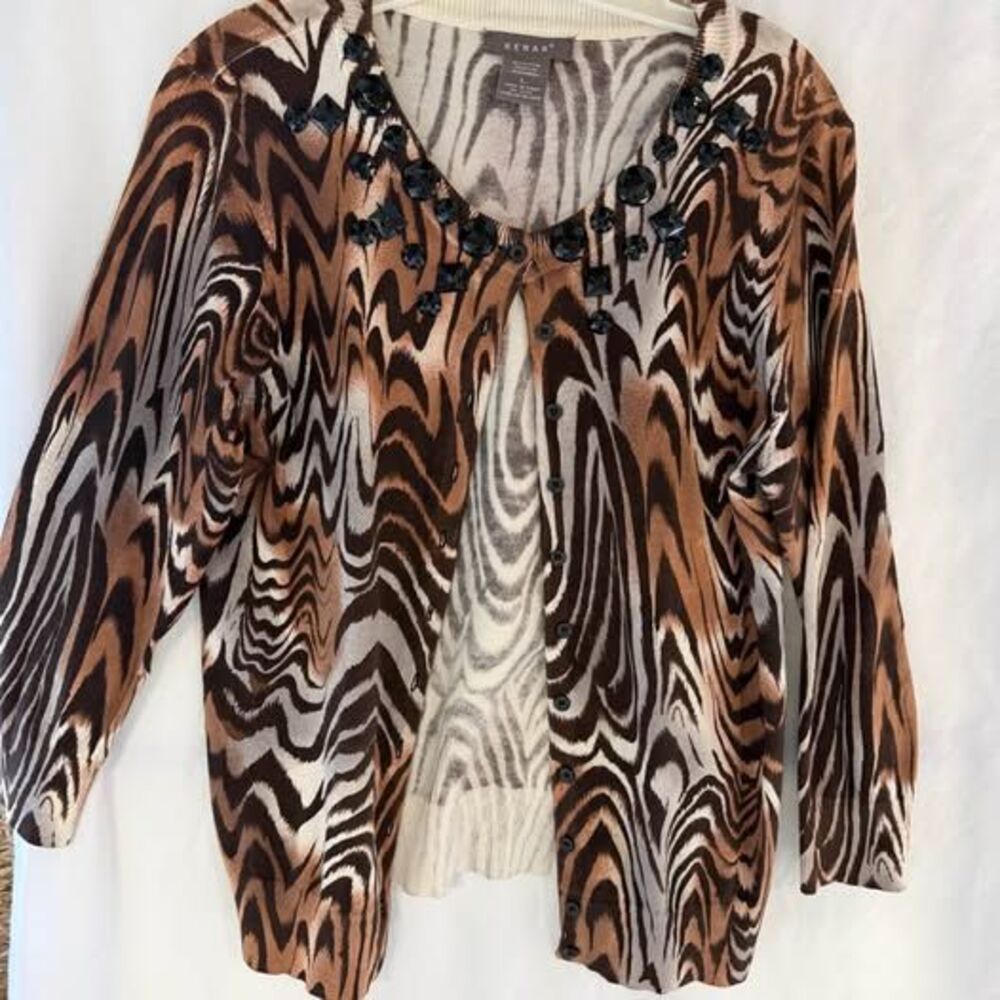 KENAR Embellished Abstract Animal Print Cardigan — Size L